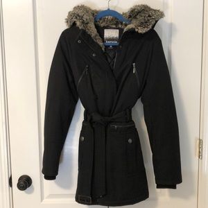 kensie belted long puffer coat with fur lined hood